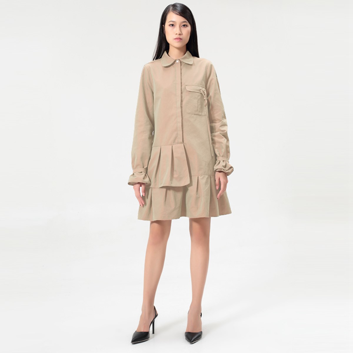 Robe-Chemise style  safari à basques plissées et manches longues