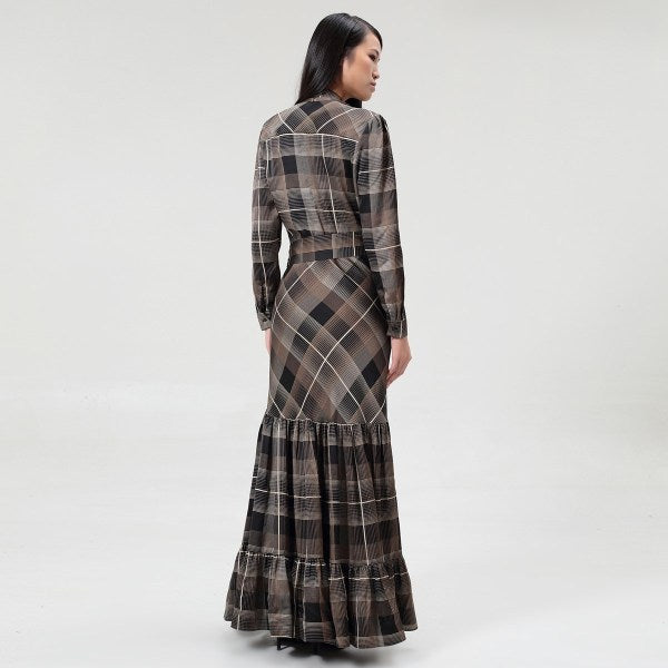 Robe maxi style Bohème à volants et imprimé carreaux