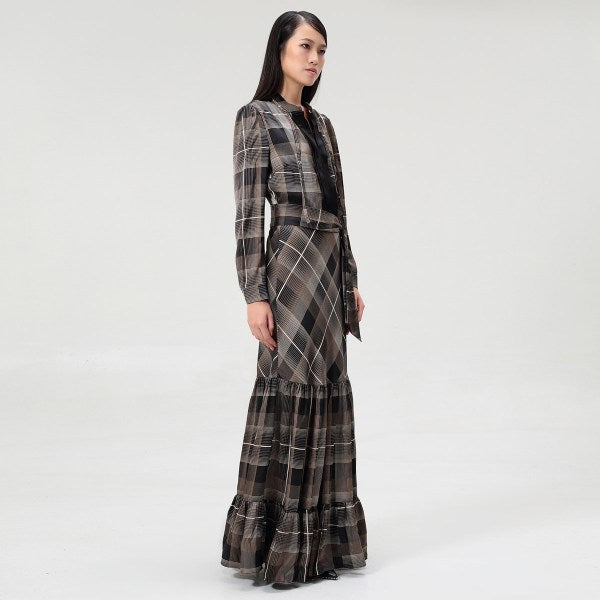 Robe maxi style Bohème à volants et imprimé carreaux