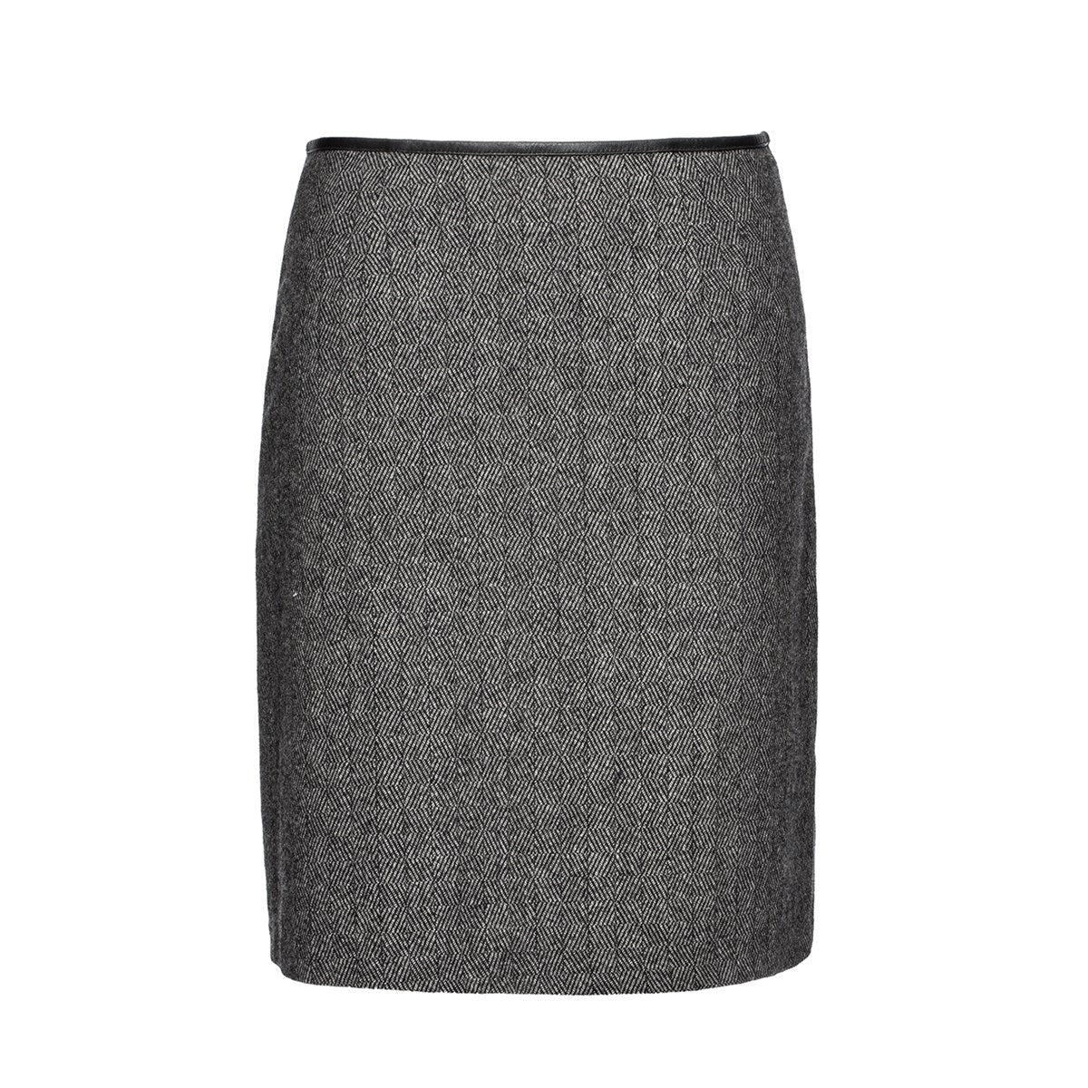 Jupe courte laine chinée et biais de cuir
