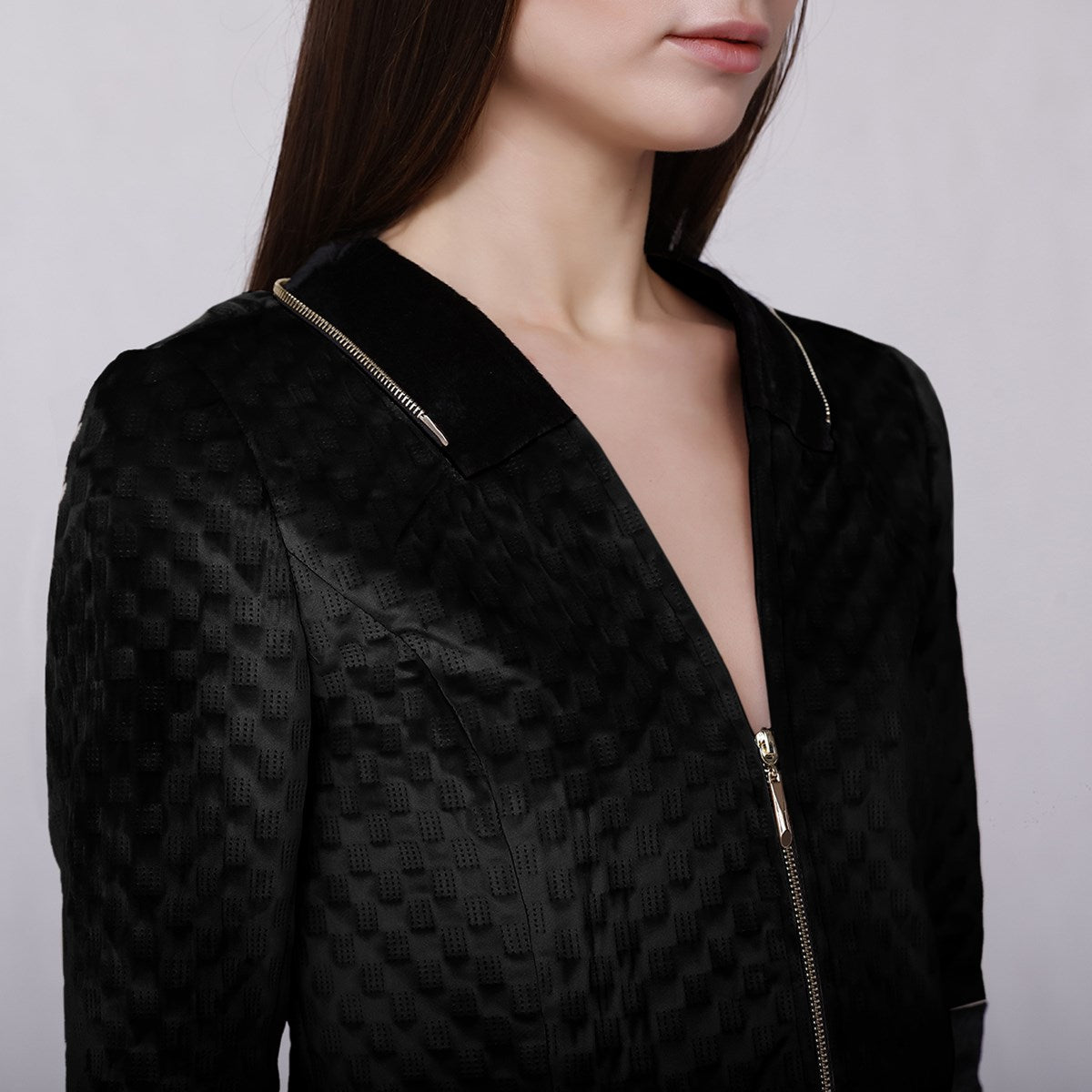 Veste zippée bi-matière velours texturé et faux crin