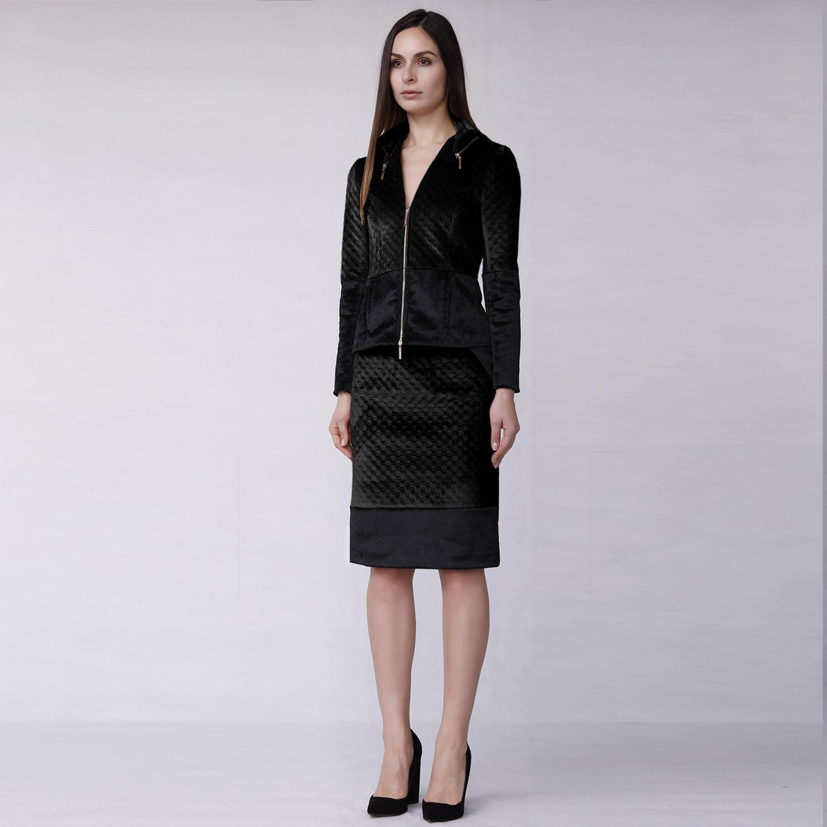 Veste zippée bi-matière velours texturé et faux crin