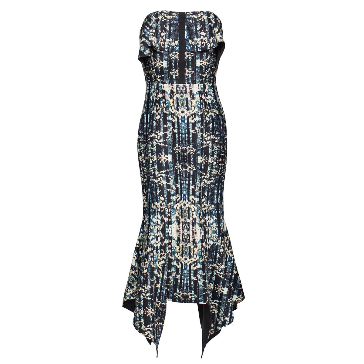Robe cocktail imprimée, à coupe bustier ajustée à volants buste et basques