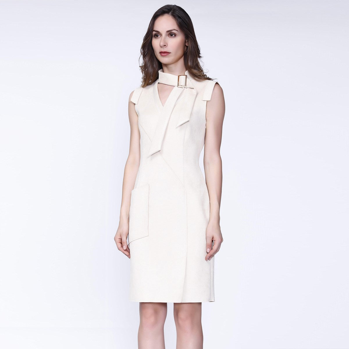 Robe ajustée col-V et manchettes, suédine stretch