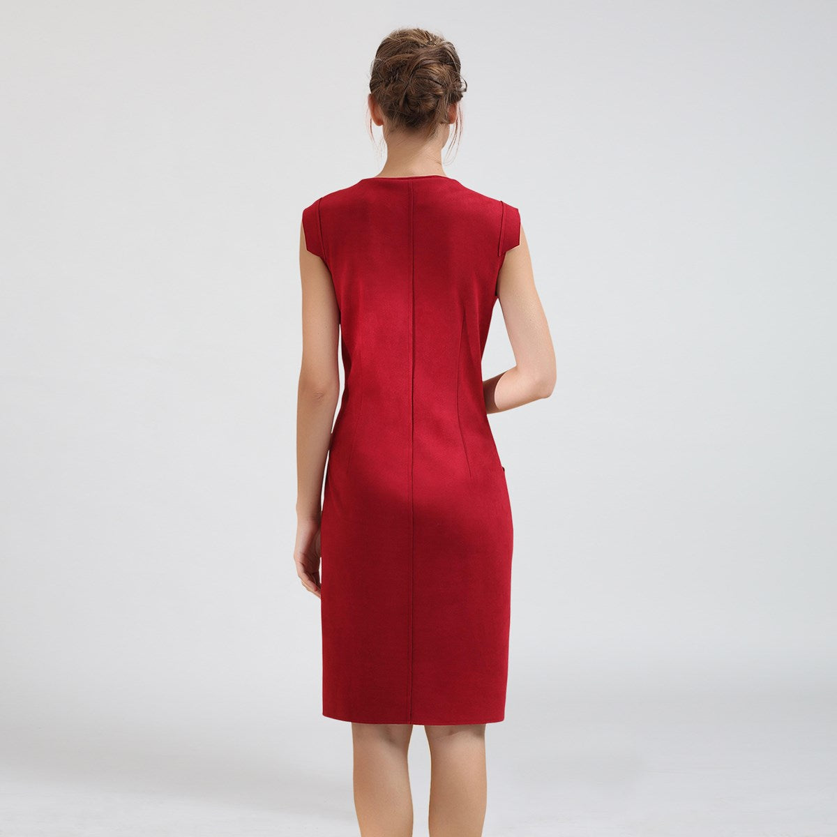 Robe ajustée col-V et manchettes, suédine stretch