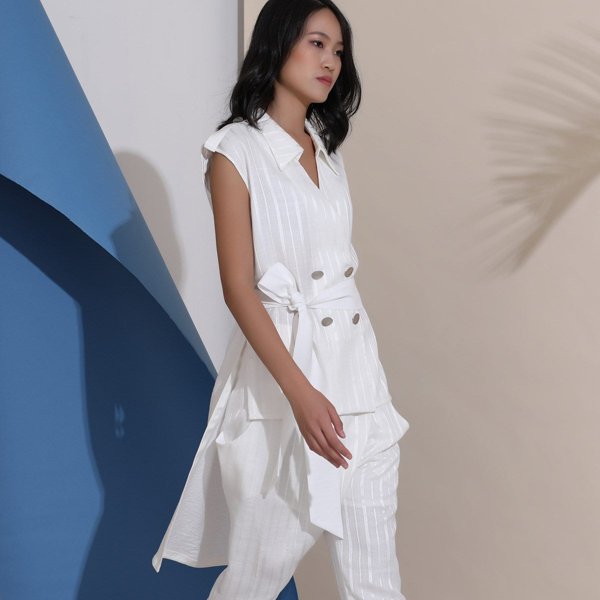 Gilet tailleur bi-matière croisée