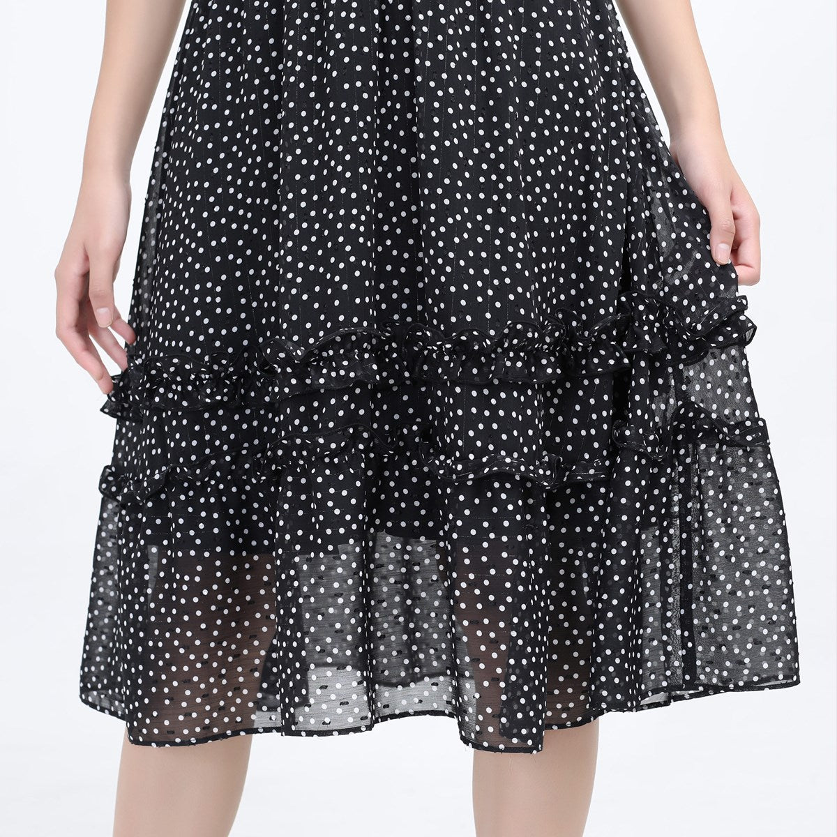 Robe ajustée et évasée en mousseline à pois