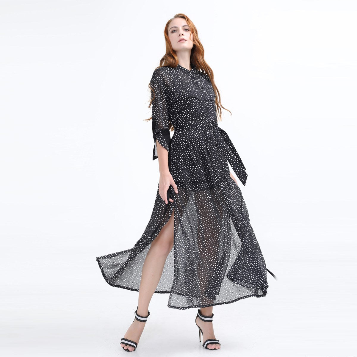 Robe-chemise longue en mousseline à pois