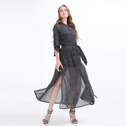 Robe-chemise longue en mousseline à pois