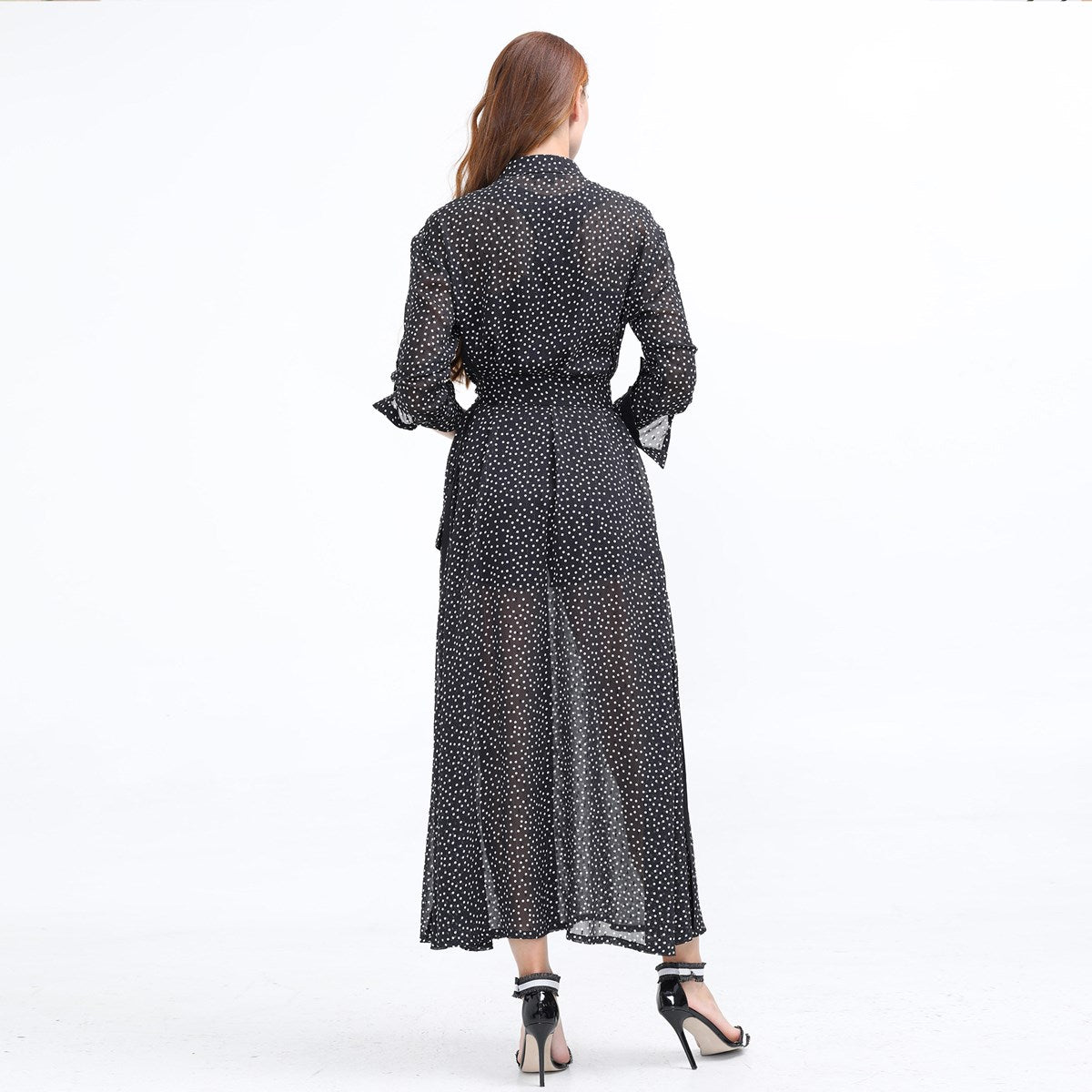 Robe-chemise longue en mousseline à pois