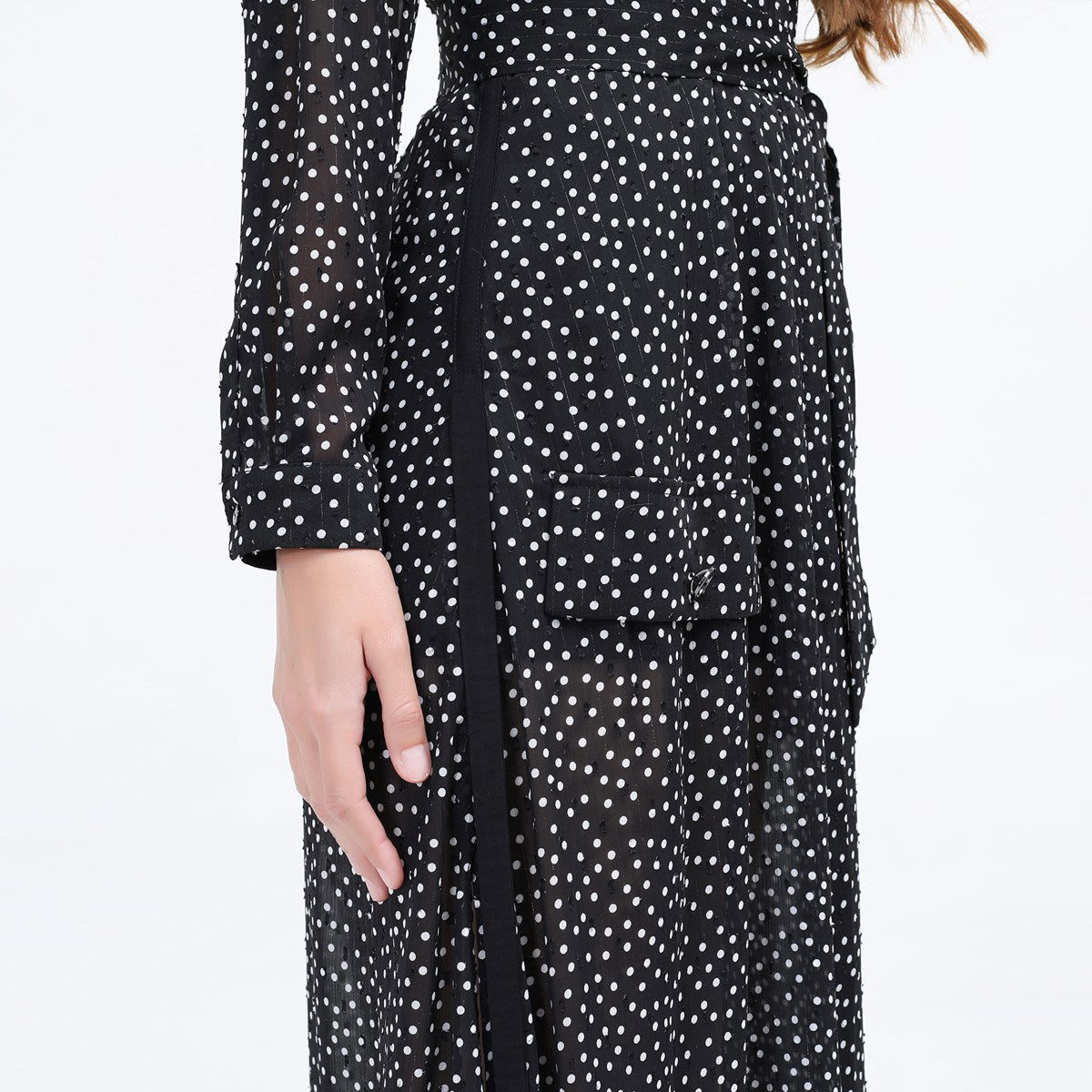 Robe-chemise longue en mousseline à pois