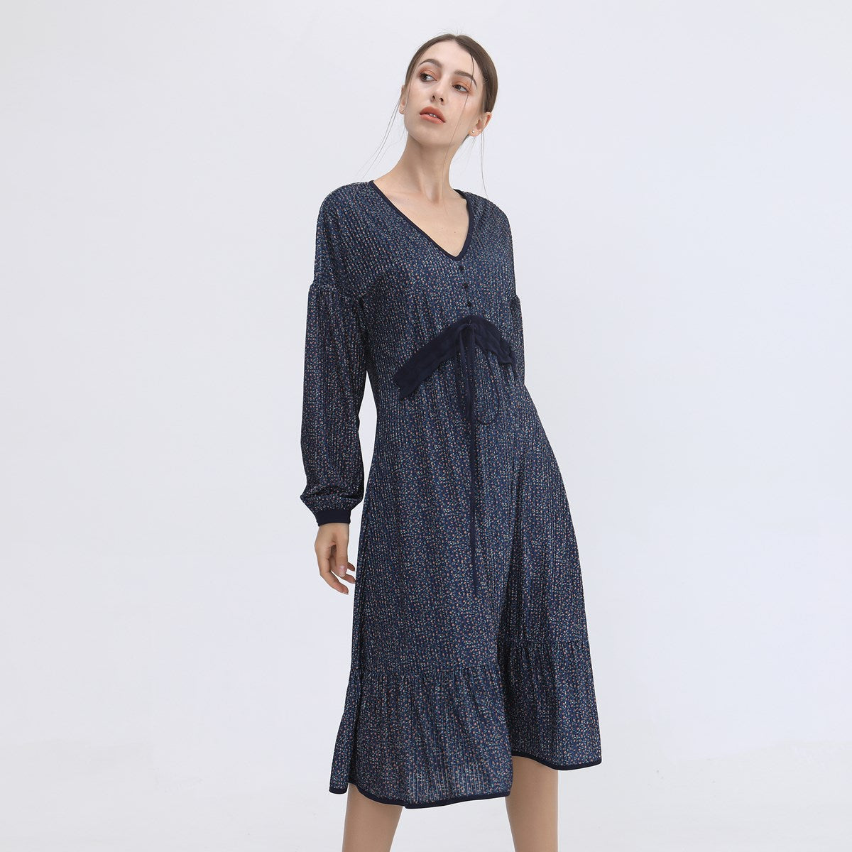 Robe ample midi en velours forme trapèze et imprimé liberty