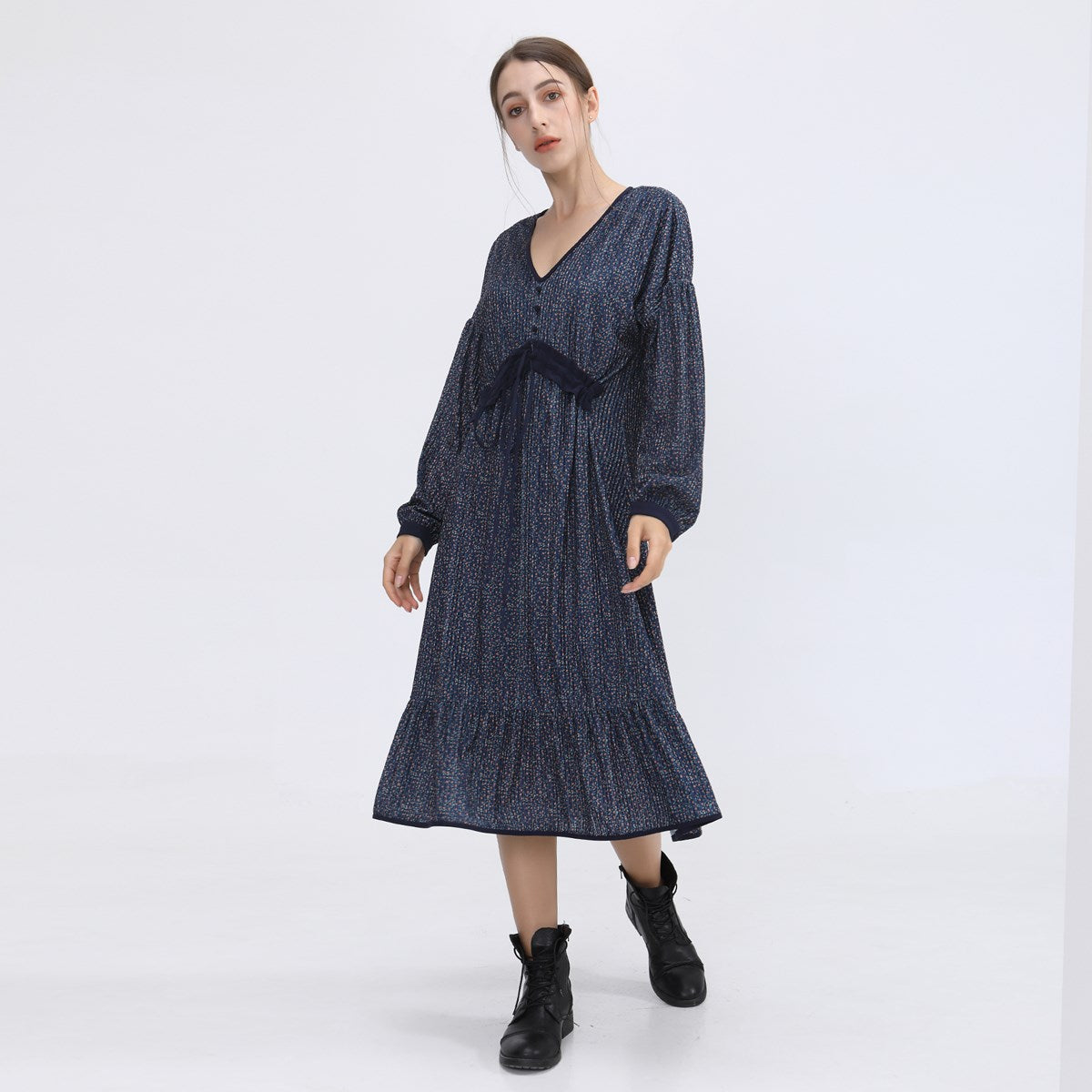 Robe ample midi en velours forme trapèze et imprimé liberty