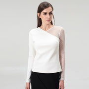 Top manches longues asymétrique en jersey et tulle