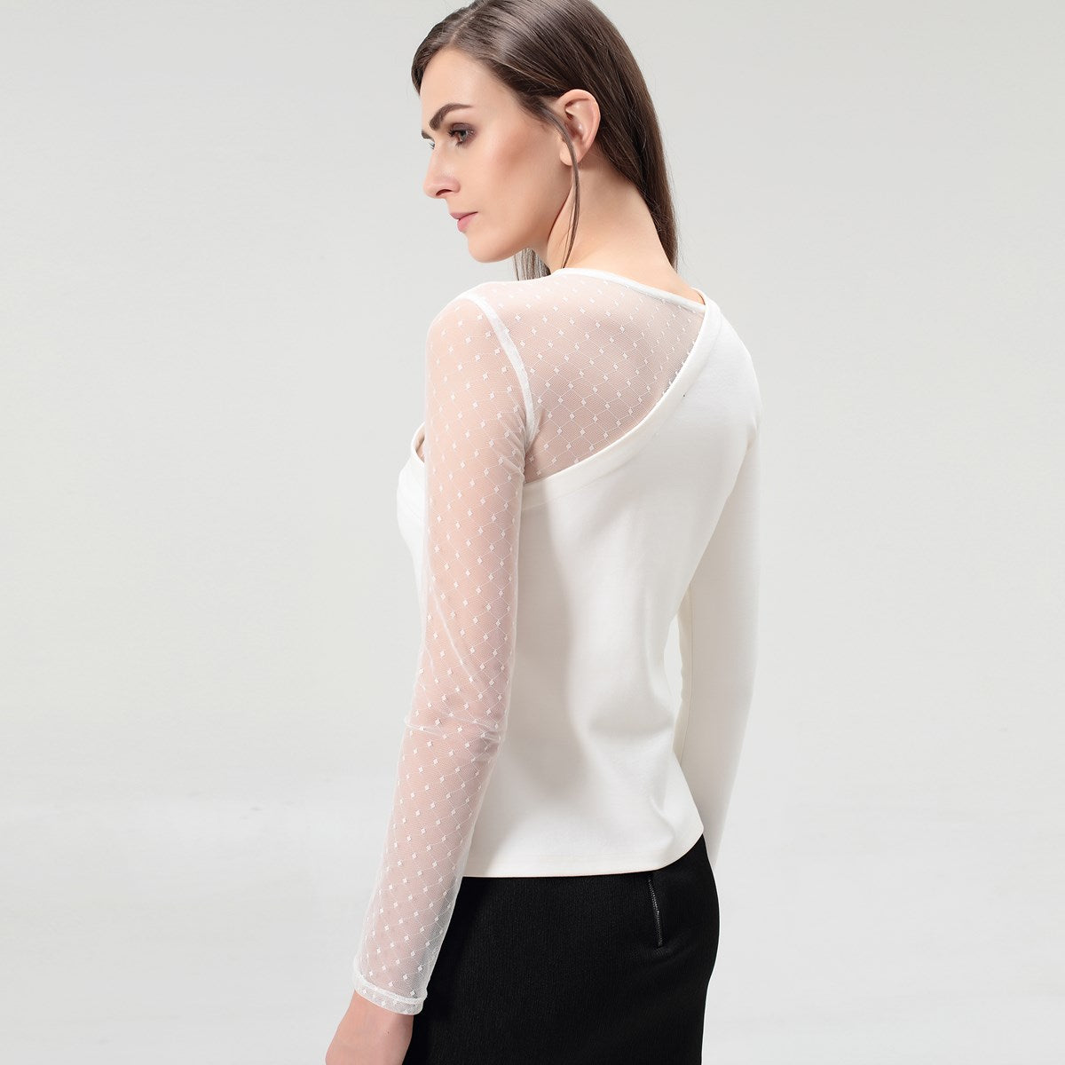 Top manches longues asymétrique en jersey et tulle