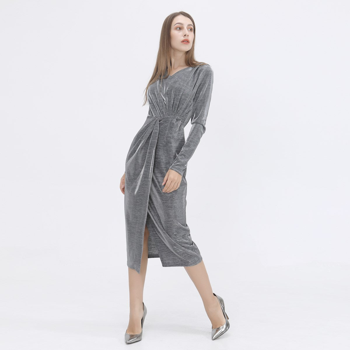 Robe asymétrique cocktail moirée à coupe ruchée