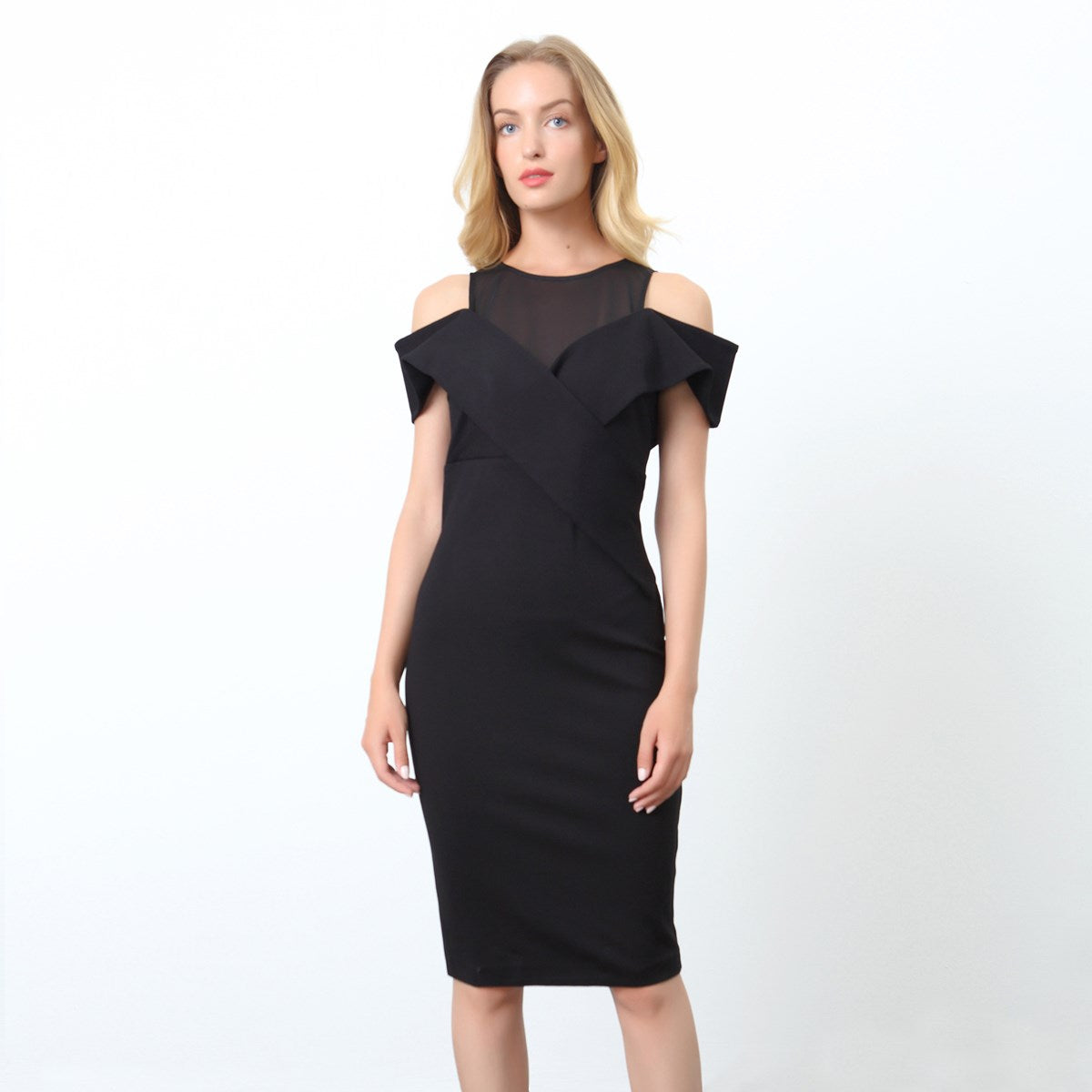 Robe ajustée décolleté Bardot en jersey et maille