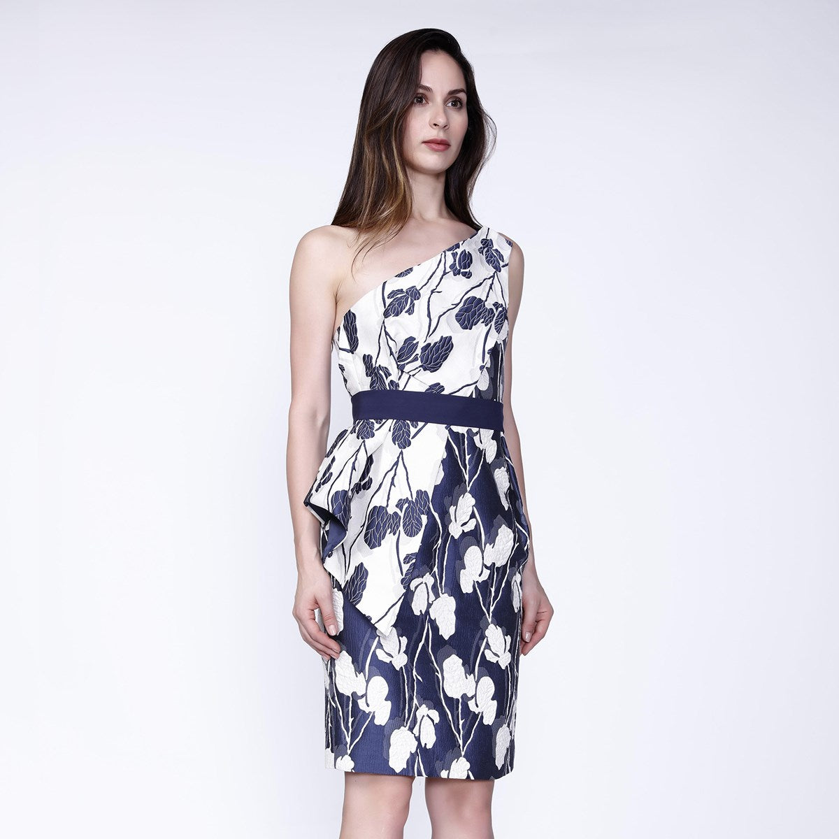 Robe bustier sculpturale en jacquard à fleurs