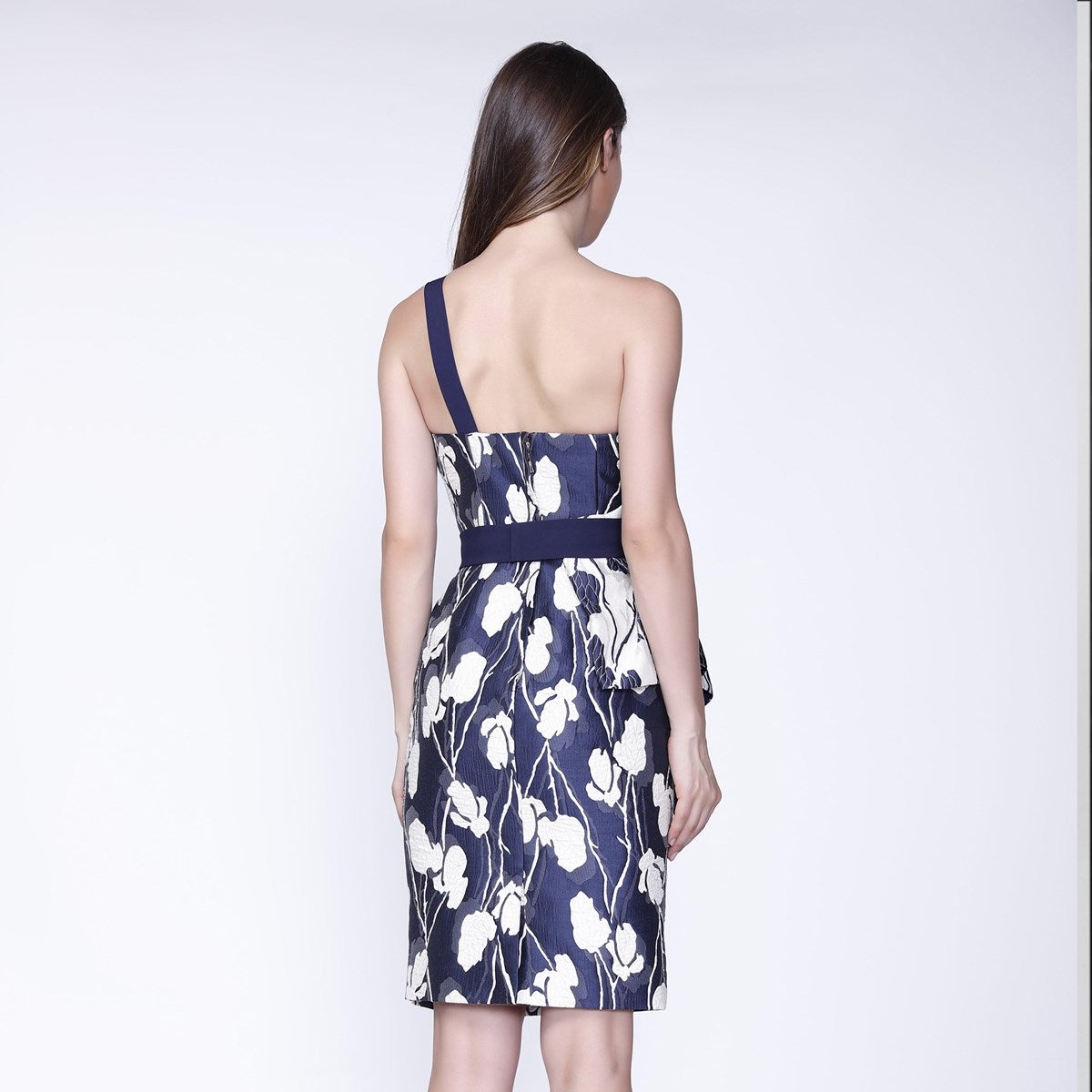 Robe bustier sculpturale en jacquard à fleurs