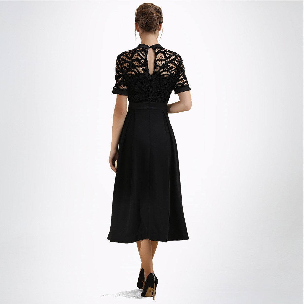Robe ajustée et évasée en dentelle de velours et drap de crêpe