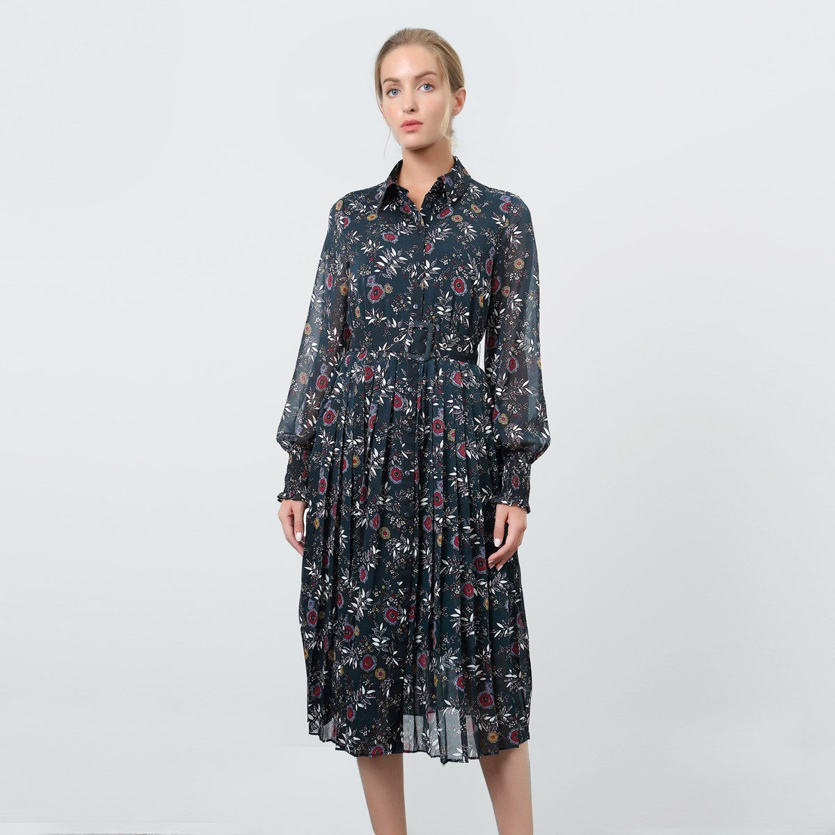 Robe-blouse plissée à imprimé floral