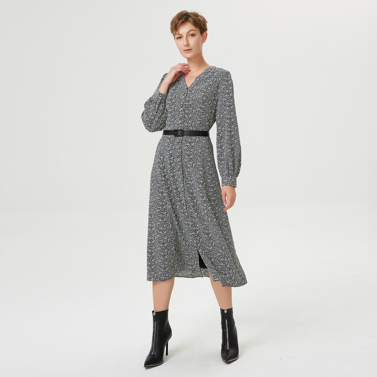 Robe-chemise à encolure V, imprimé fleur et ceinture ajoutée