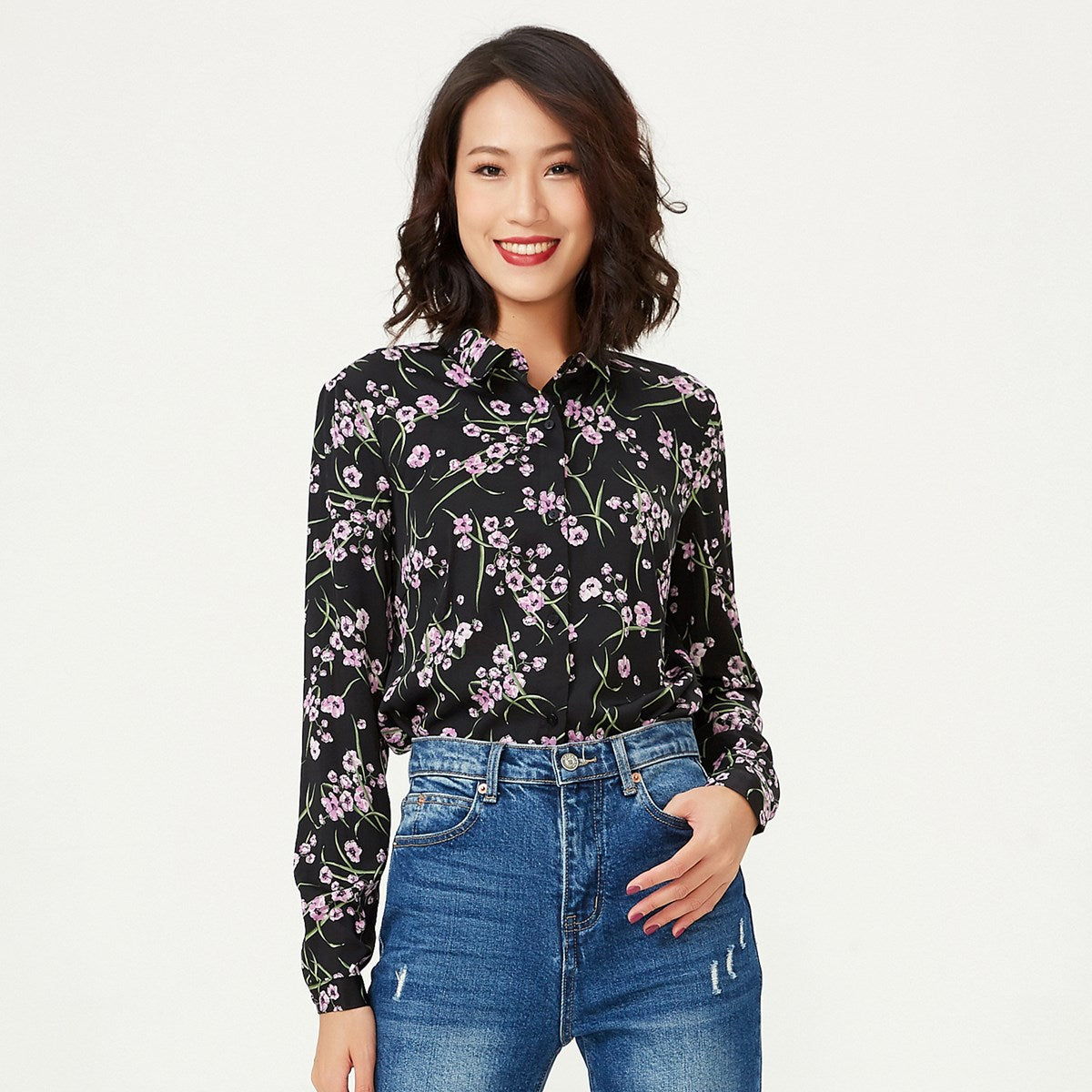 Chemise coupe droite à imprimé fleurs