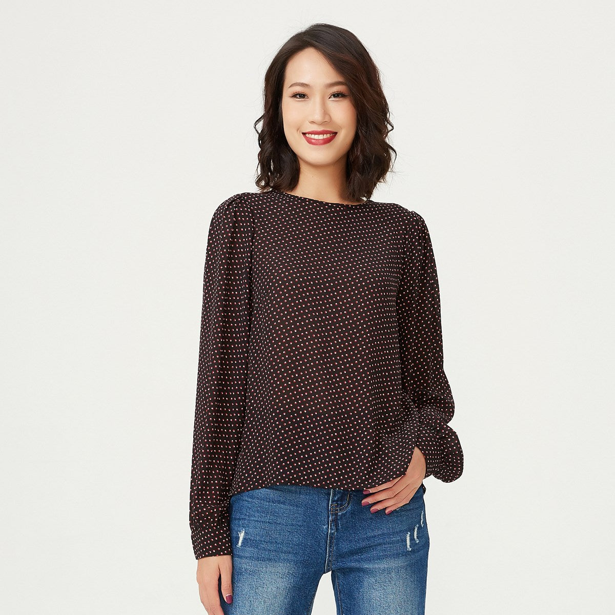 Blouse à col rond et imprimé mini carrés