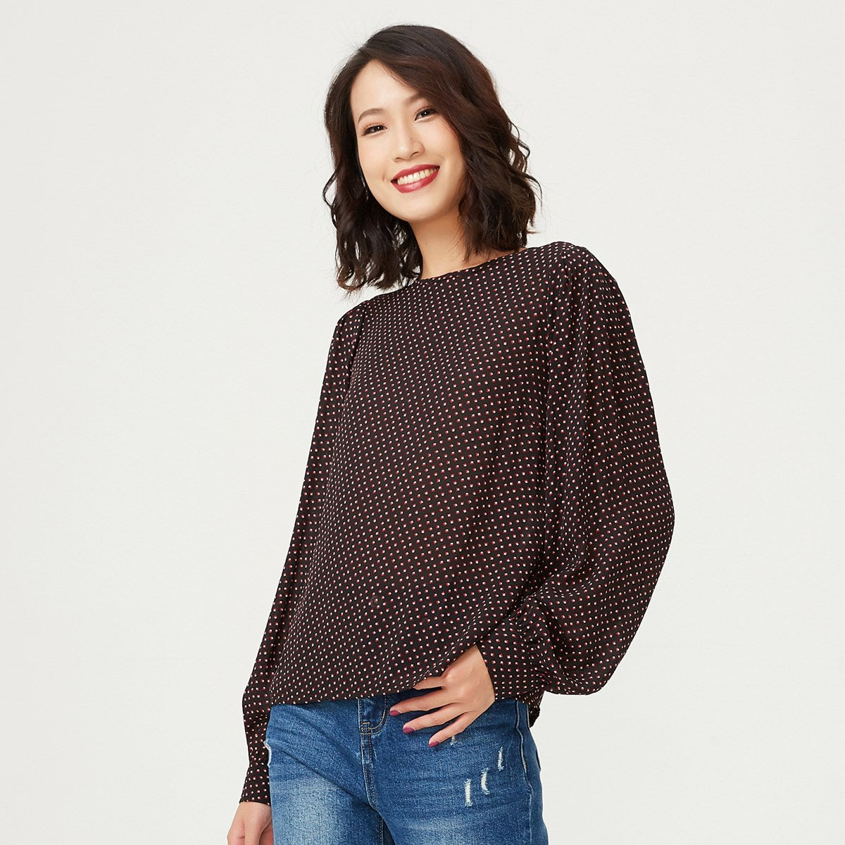 Blouse à col rond et imprimé mini carrés