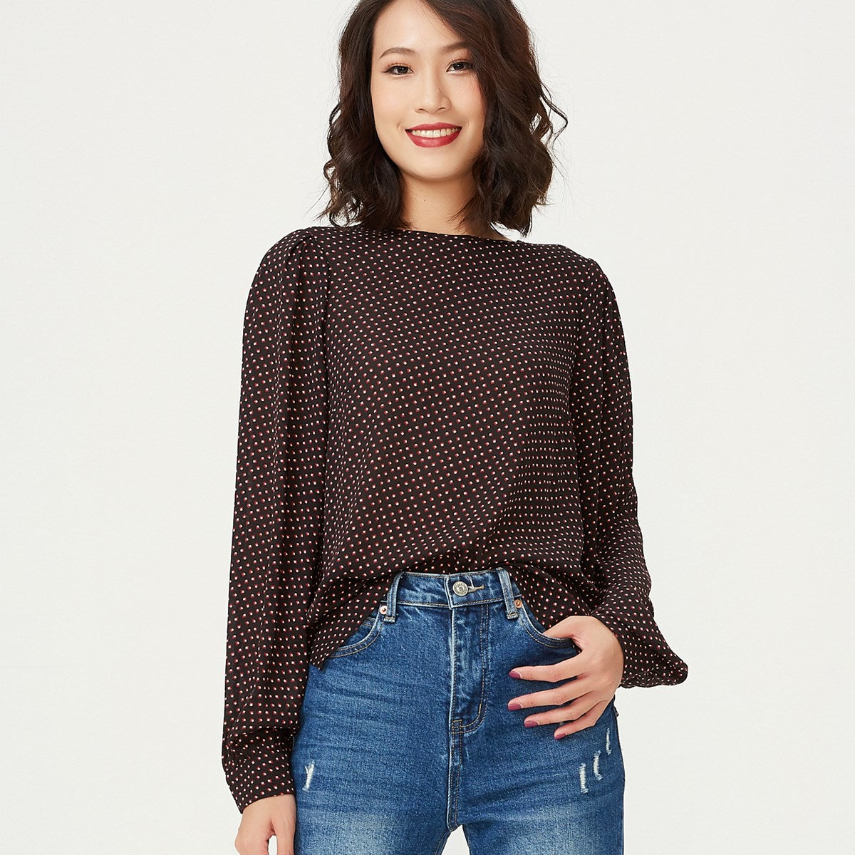 Blouse à col rond et imprimé mini carrés