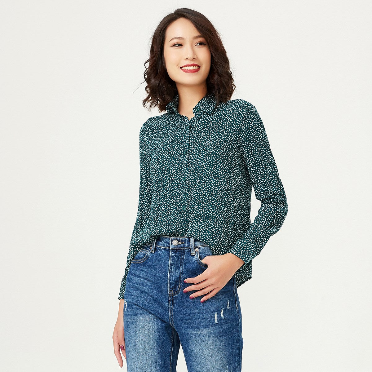 Chemise basique coupe droite à imprimé mini pois