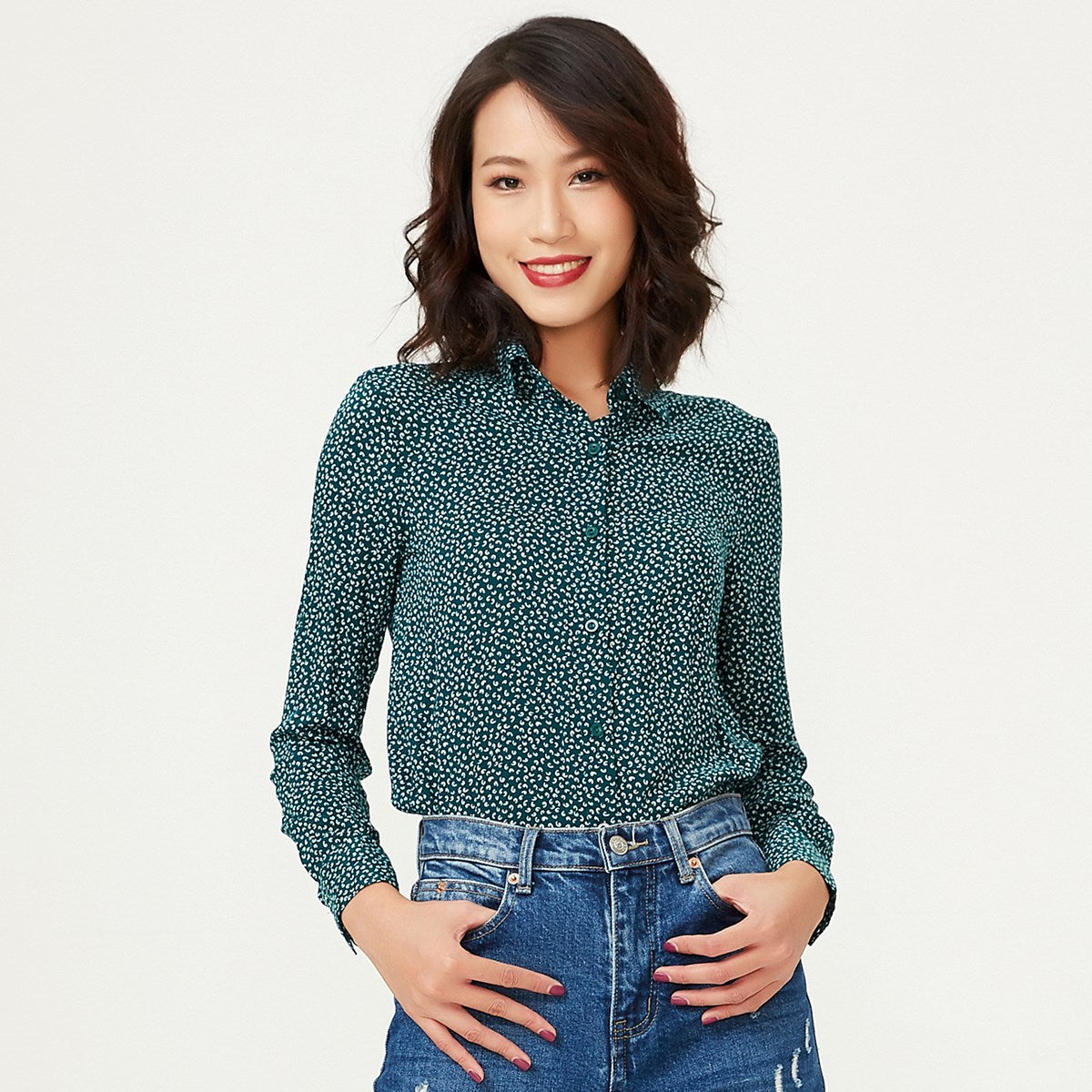 Chemise basique coupe droite à imprimé mini pois