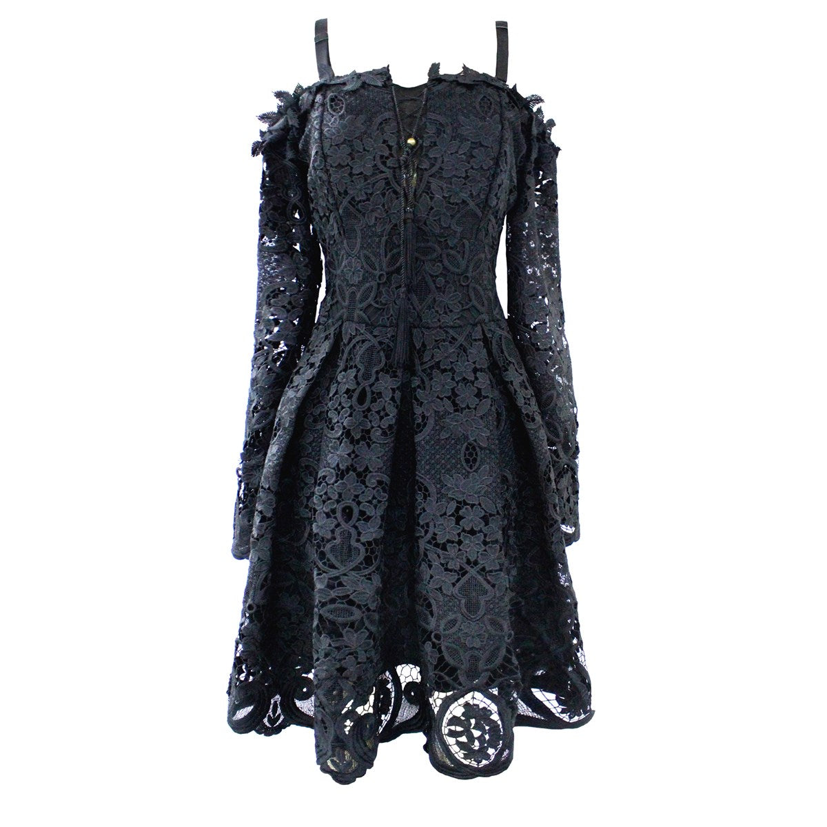 Robe en dentelle ajustée et évasée à épaules dénudées