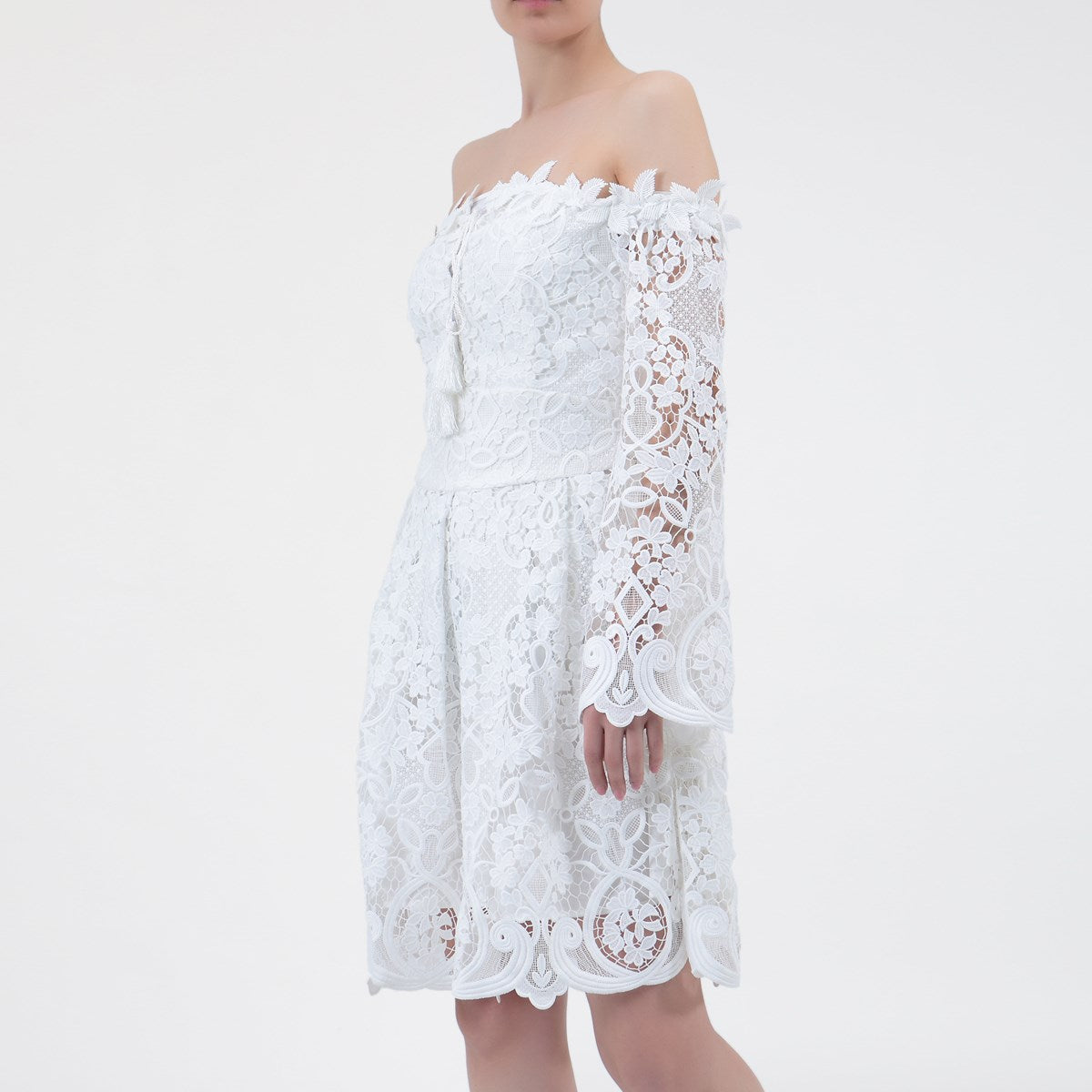 Robe en dentelle ajustée et évasée à épaules dénudées