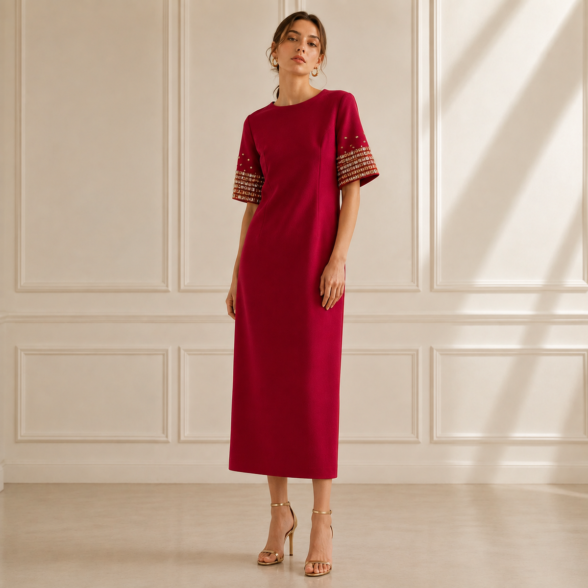 Robe courte droite à manches ornées de perles