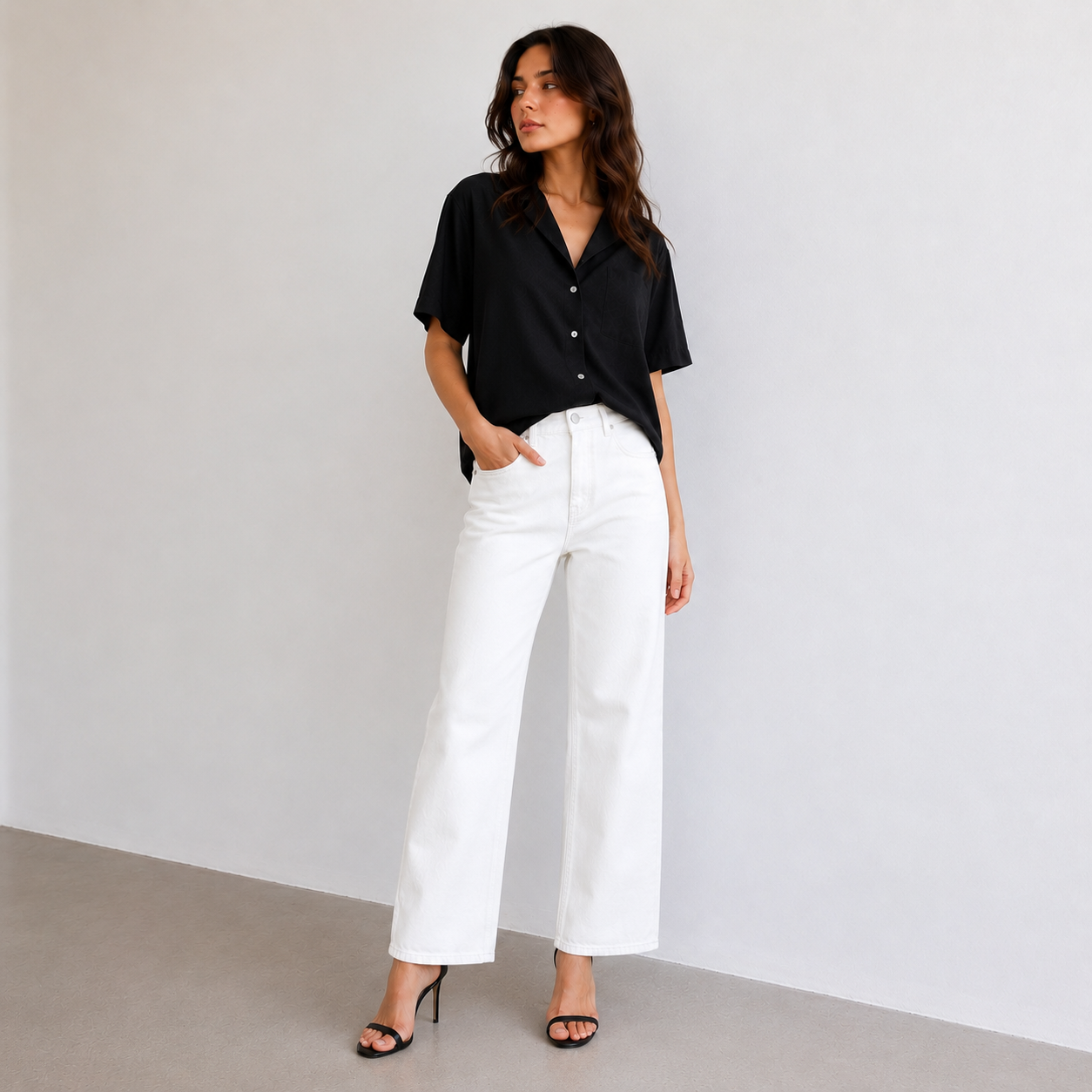 Pantalon droit taille haute en coton