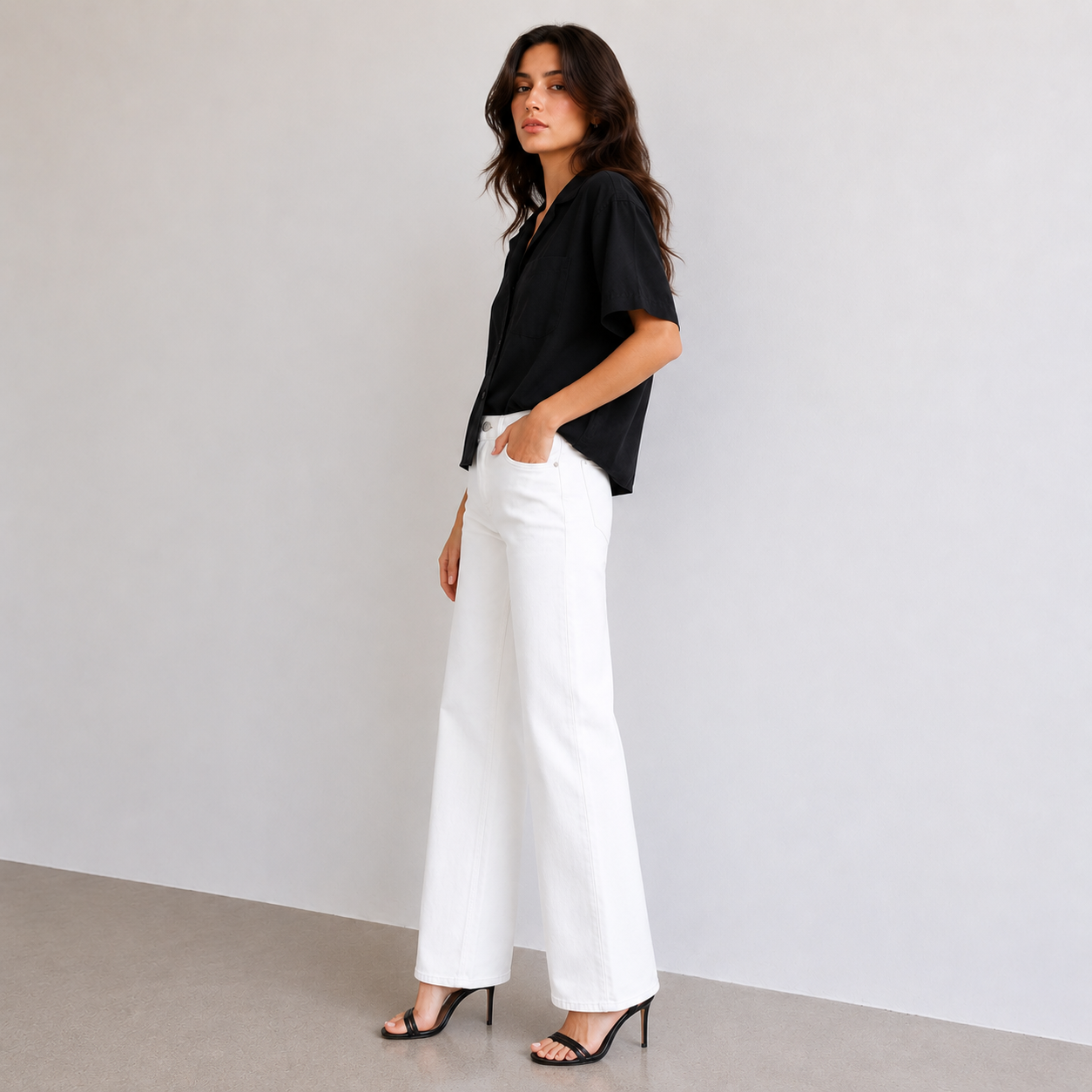 Pantalon droit taille haute en coton