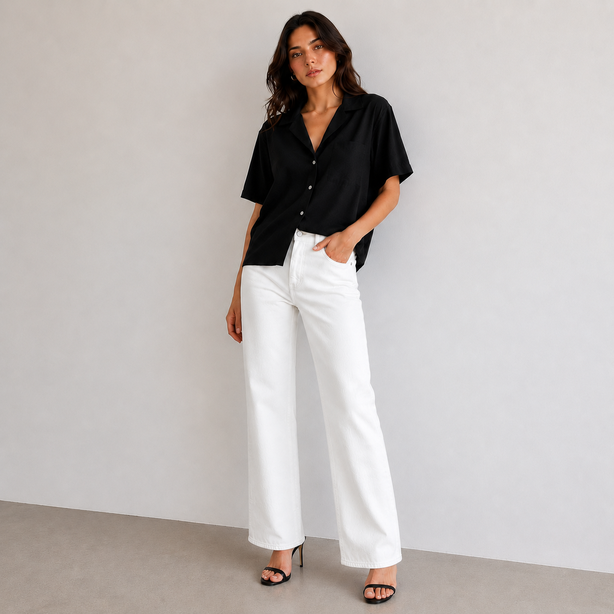 Pantalon droit taille haute en coton