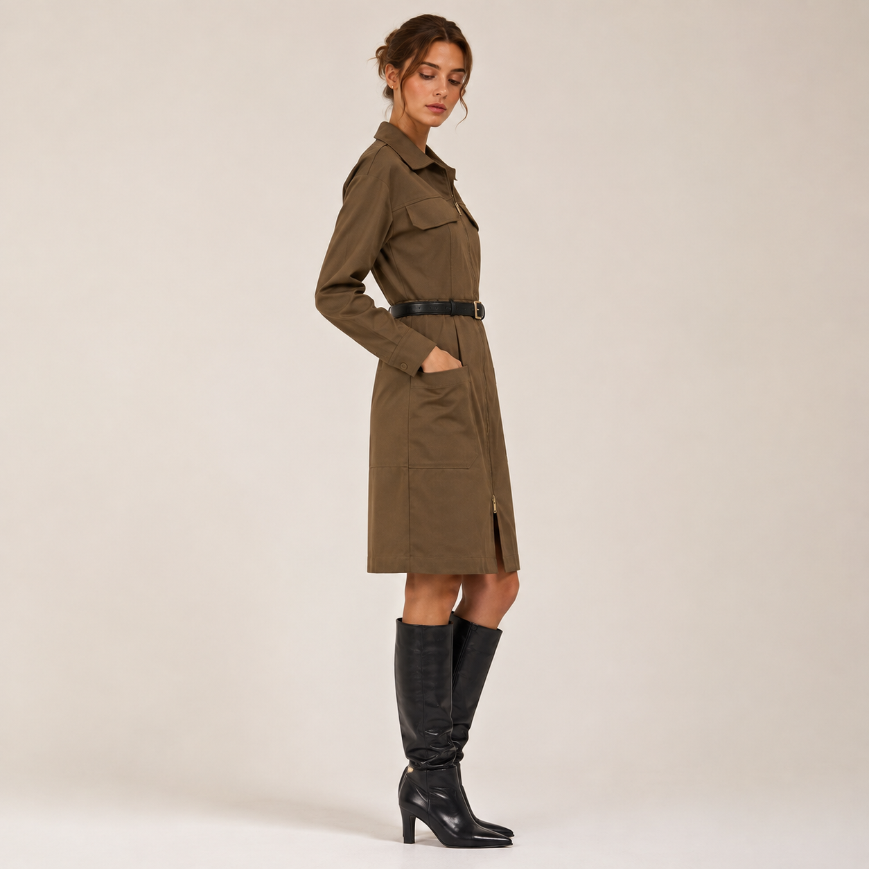 Robe safari ceinturée à manches longues