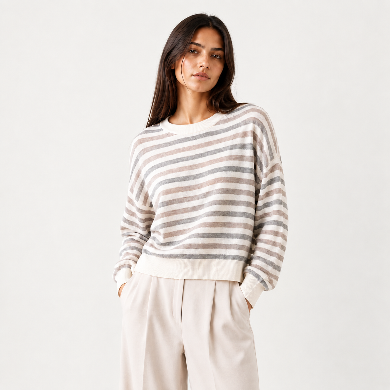 Pull femme rayé en laine et cachemire et soie