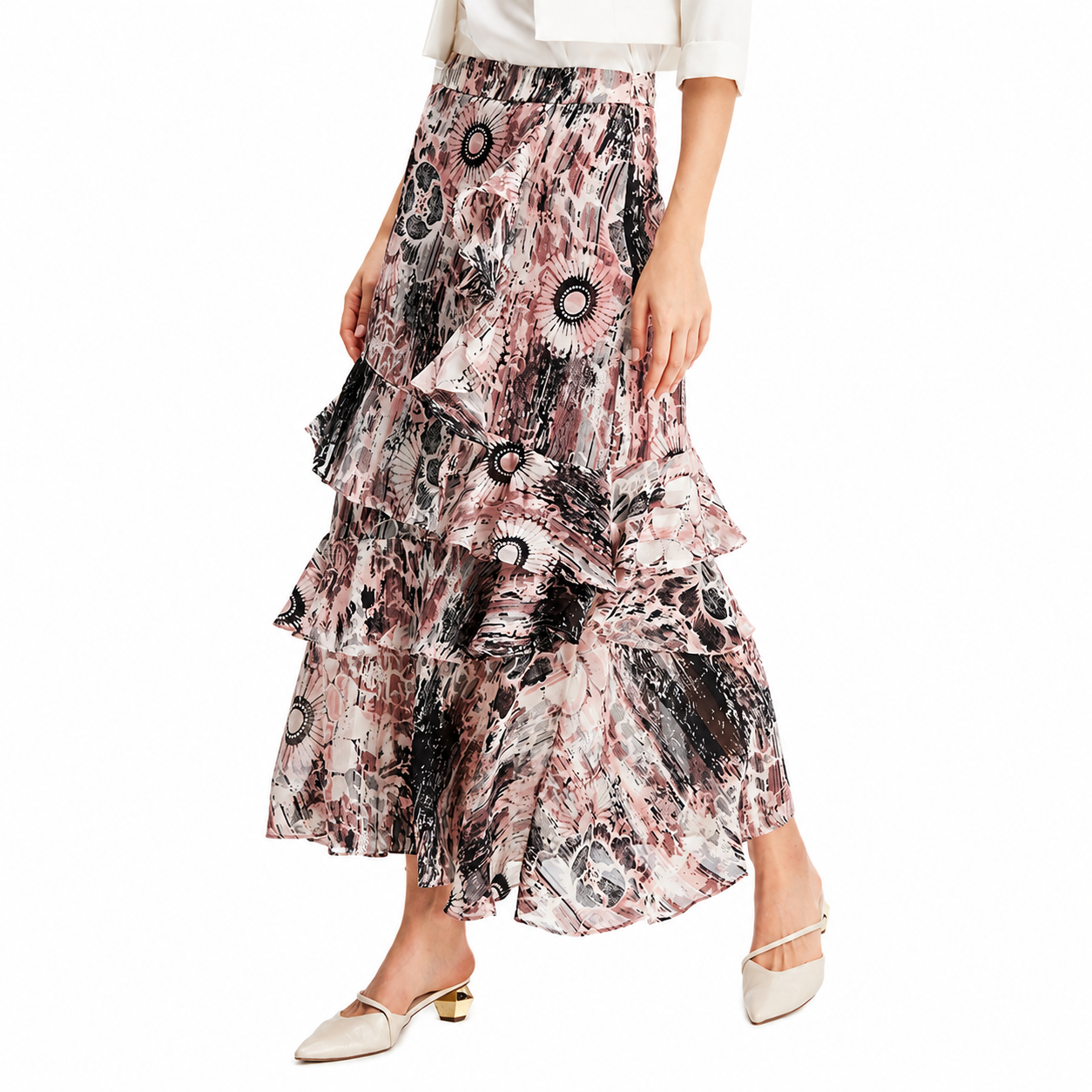 Falda larga de gasa con volantes y estampado floral gráfico.