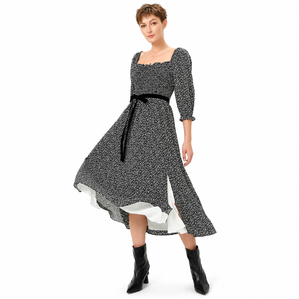 Robe smockée évasée à col carré et imprimé liberty
