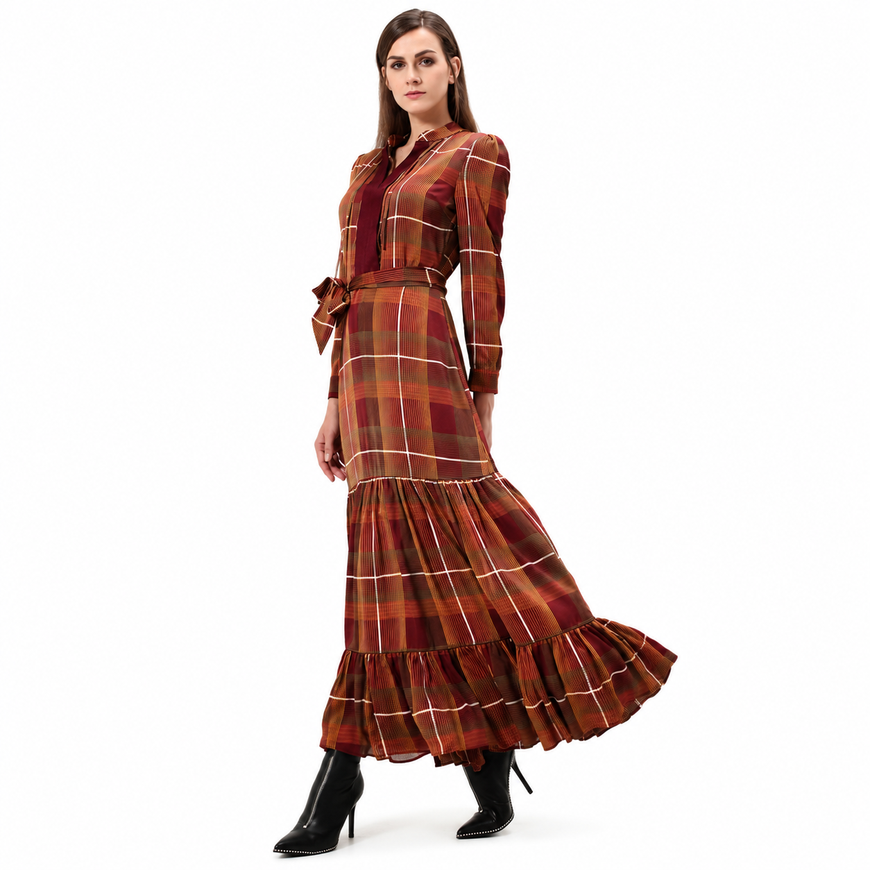 Vestido largo estilo bohemio con volantes y estampado de cuadros