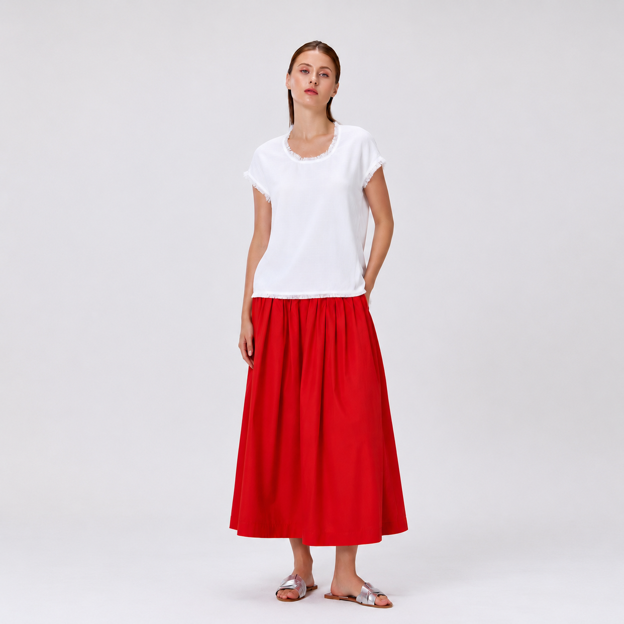 Jupe midi ample en coton à taille smockée