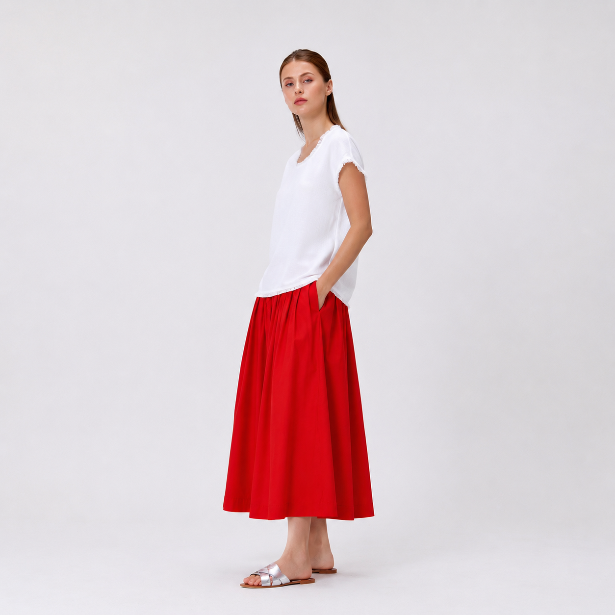 Jupe midi ample en coton à taille smockée