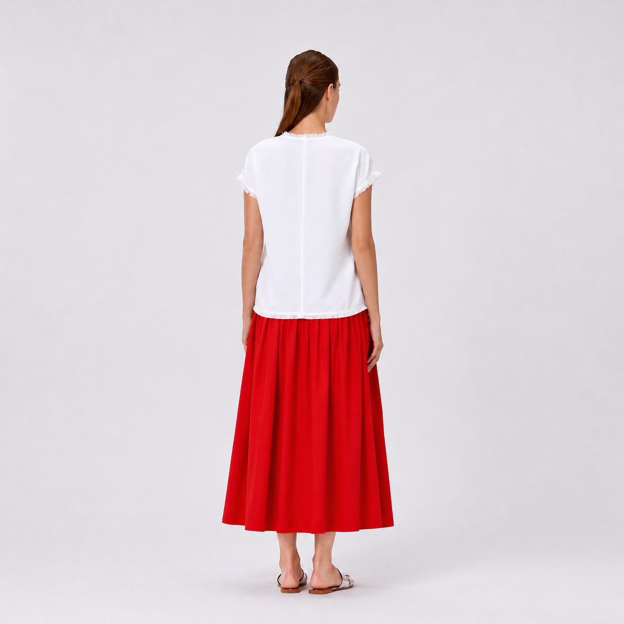 Jupe midi ample en coton à taille smockée