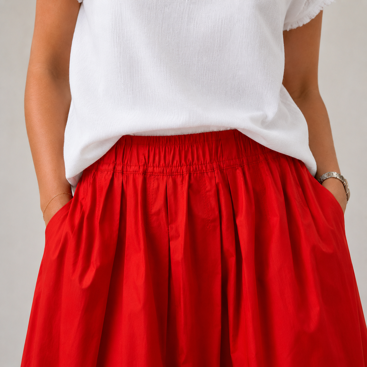 Jupe midi ample en coton à taille smockée