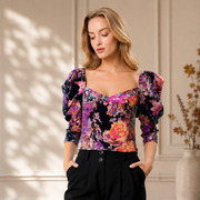 80s style top with floral print and puff sleeves