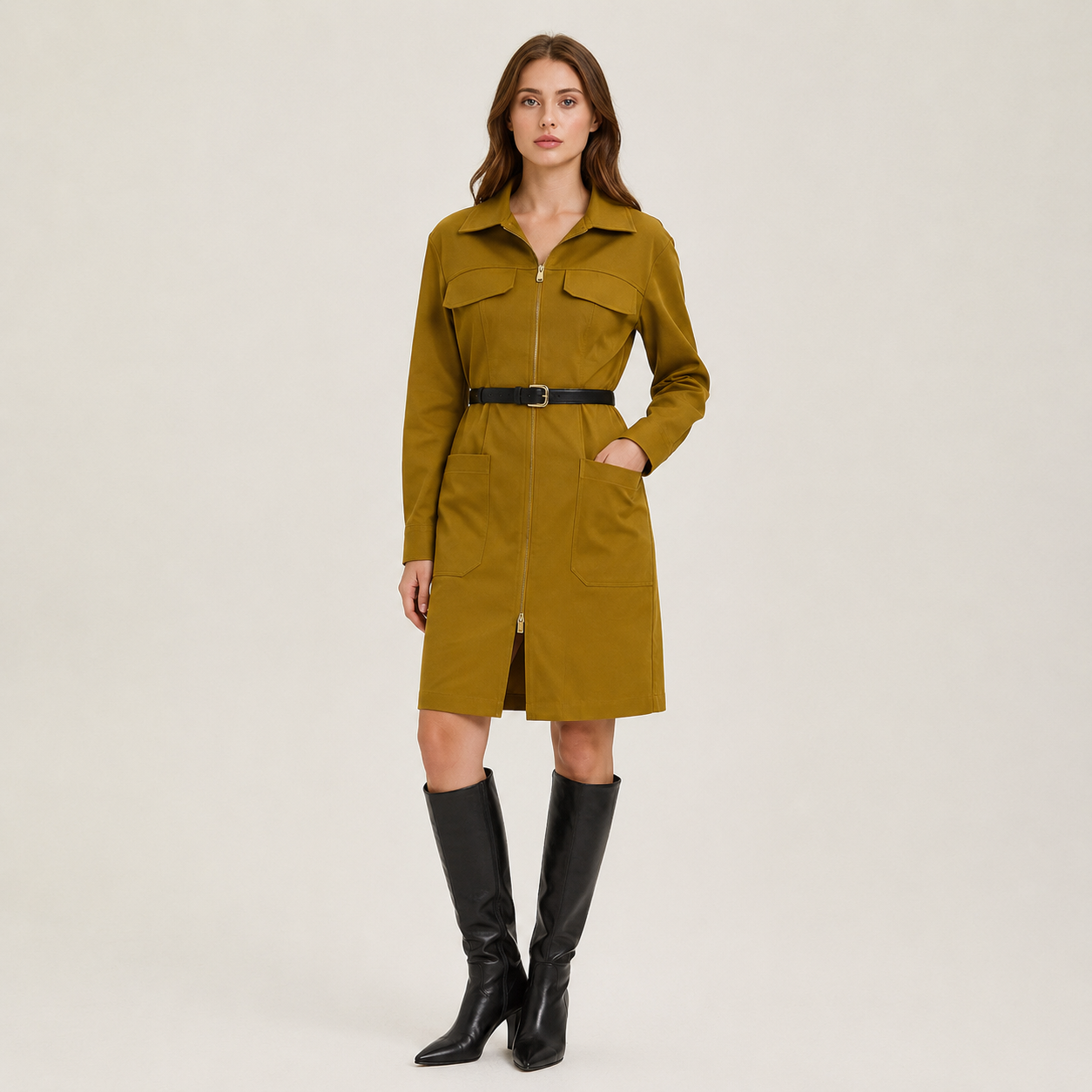 Robe safari ceinturée à manches longues