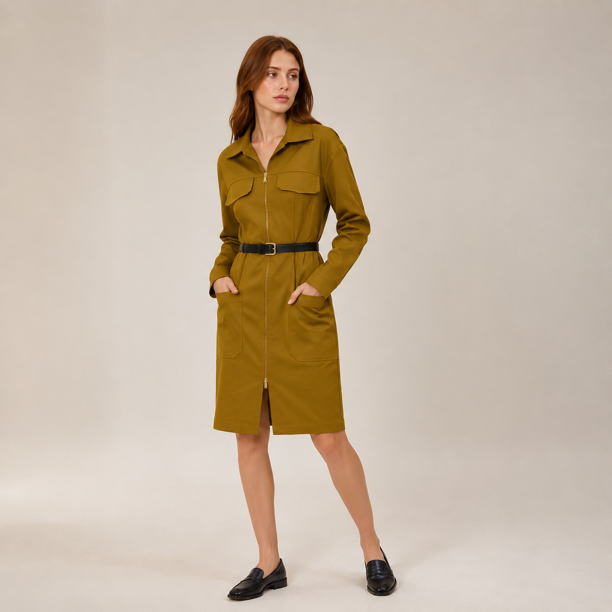 Robe safari ceinturée à manches longues